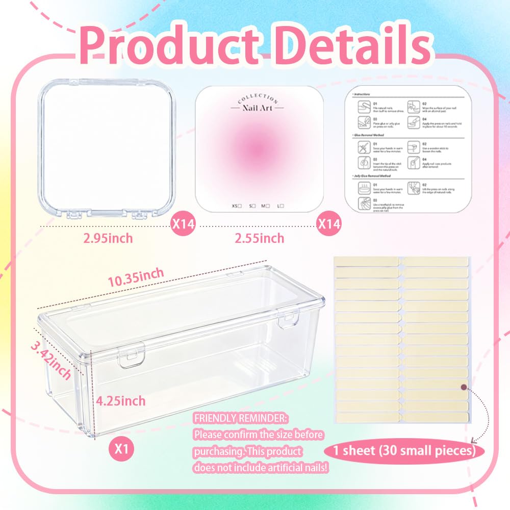 PZSZMIAO 15PCS press-on nail storage set includes 1 Clear Organizer, 14 Nail Display Case Fake Nail Instructions and Double Sided Adhesive Artificial False Nail Box Acrylic Organizer Nail Case