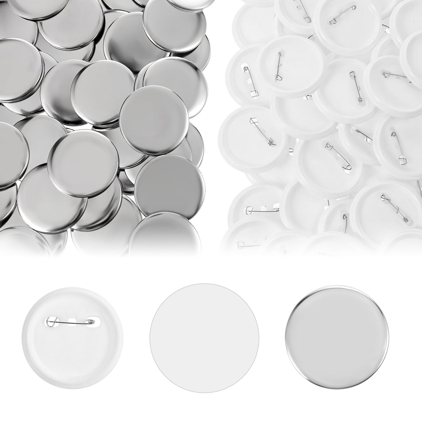 Yuanan 100 Sets Button Maker Supplies 58mm/2.25 Inch Button Supplies with Metal Covers, Pin Backs and Clear Film Badge Parts Pin Buttons Kit for Buttons Makers Machine Pins Maker Press