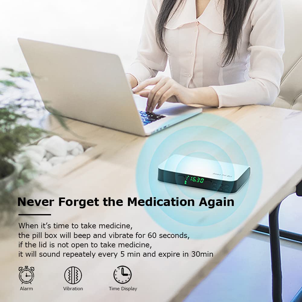Pill Dispenser with Alarm, Daily Medicine Pill Organizer with up to 7 Alarms A Day,Smart Pill Box 6 Compartments, Christmas Thanksgiving Gift Pill Reminder for Elderly (Blue)