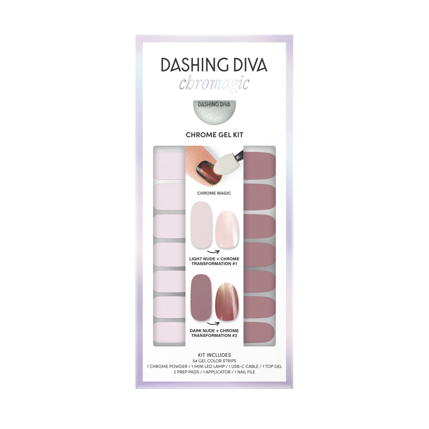Dashing Diva Chromagic Gel Nail Strips - Bare to Beam - Easy UV Free, Chip Resistant, Long Lasting Gel Nail Stickers and Chrome Powder