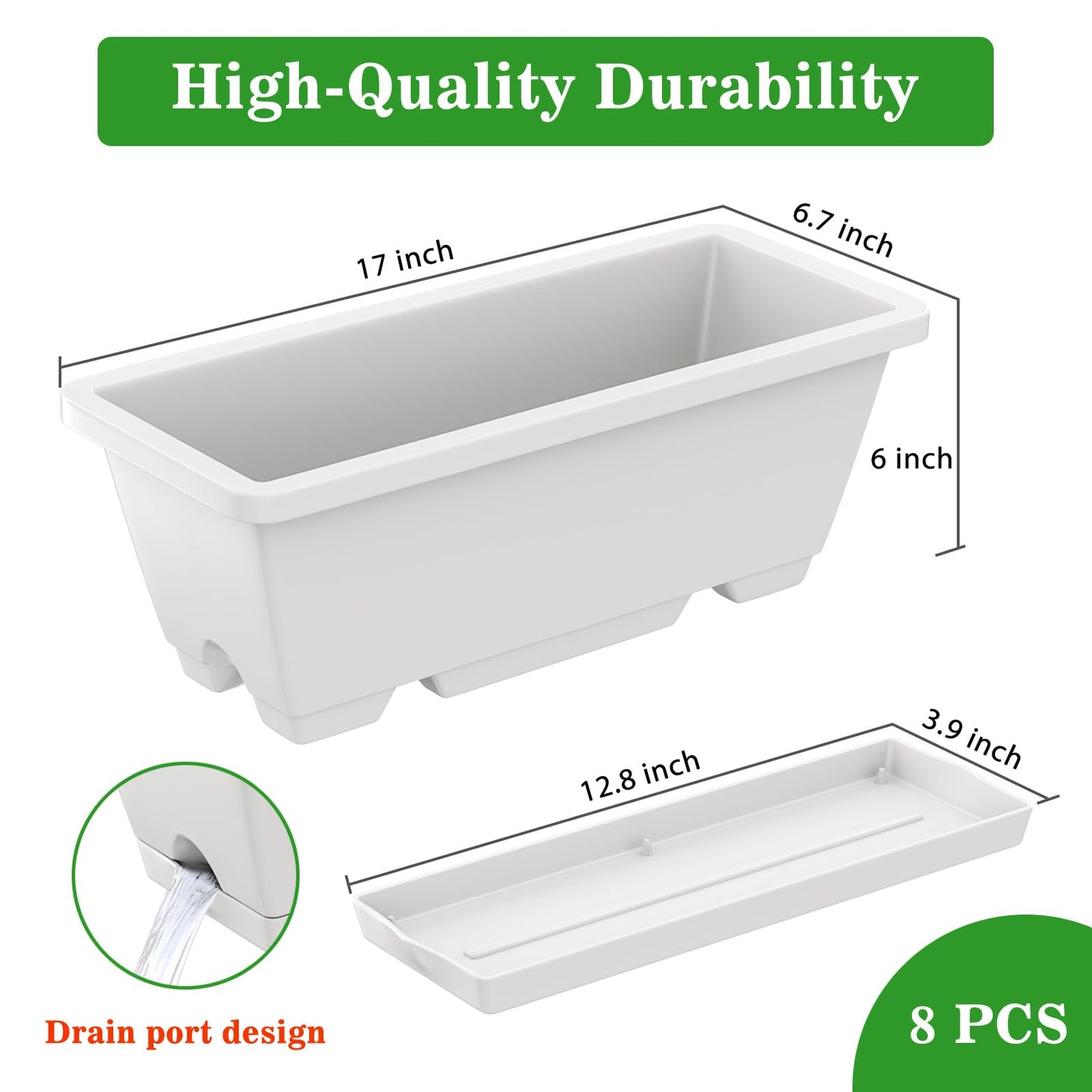 Planter Boxes for Domestic Gardening 8 Pcs, 17 Inch Long Window Sill Planter Box Outdoor, Plastic Rectangular Window Rectangle Window Boxes Planters with Drainage Holes and Trays for Windowsill