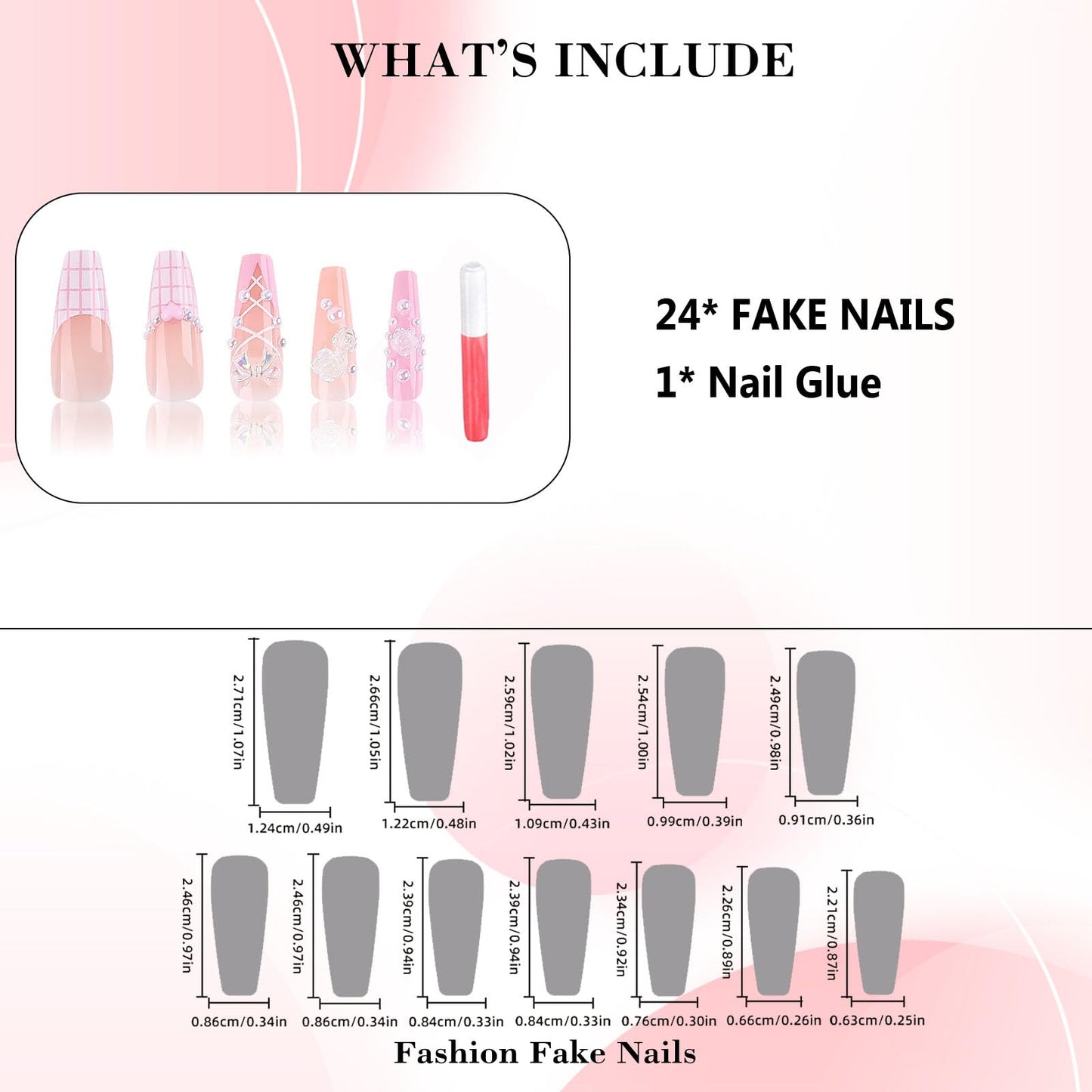 IMRAIN Valentine's Day Press on Nails Long Coffin Fake Nails Pink French Tips Glossy Glue on Nails Full Cover Cute Heart & Bow Designs Artificial Stick on False Nails