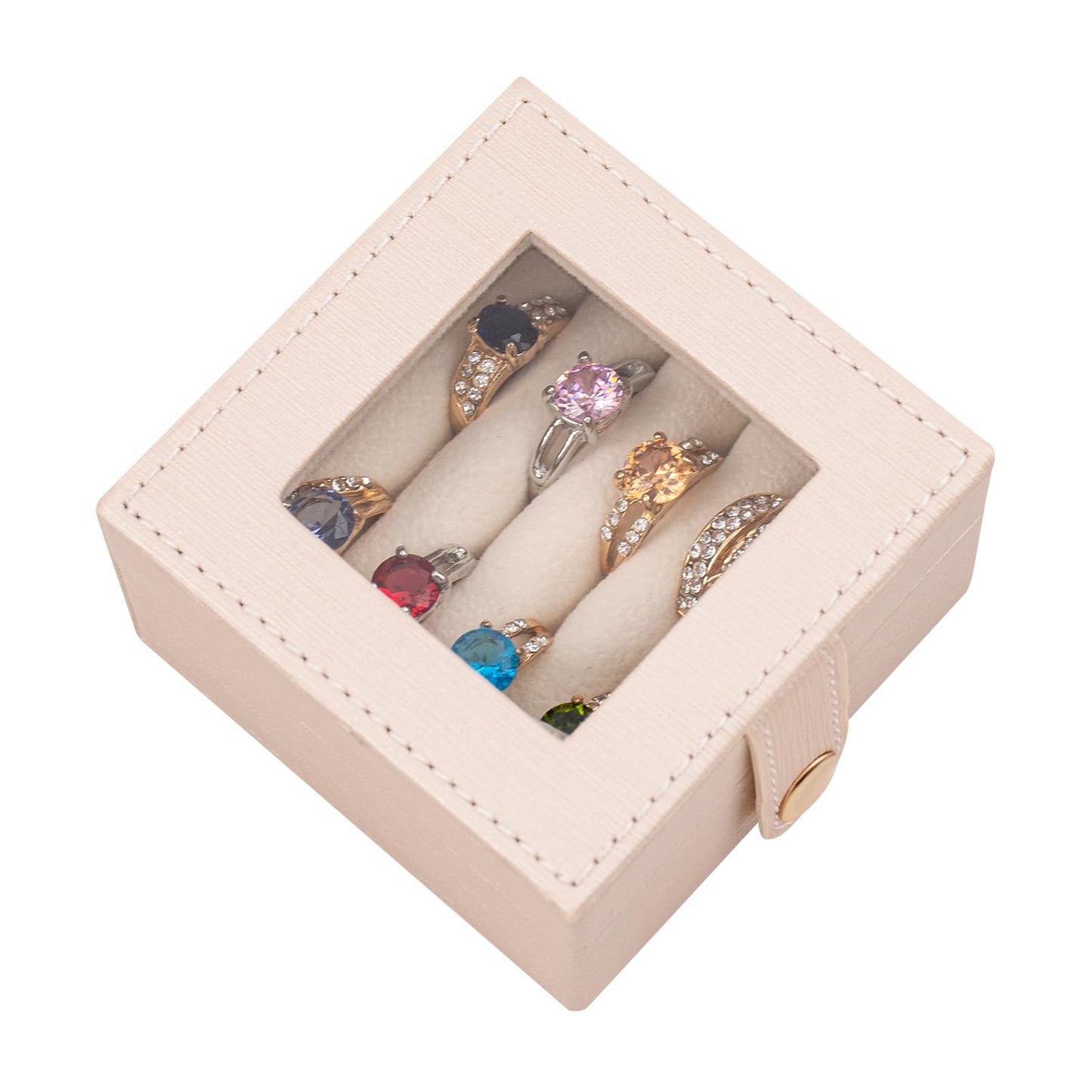SANQIANWAN Small Leather Jewelry Box with Glass Top Mini Ring Display Case with 8 Slots for Selling Gift for Girls and Women (Pearl White)