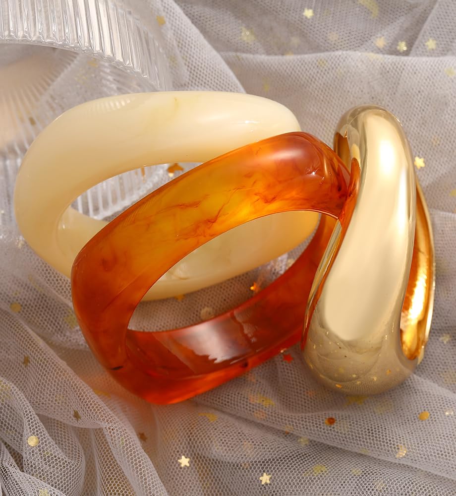 Chunky Gold Acrylic Bangle Bracelets for Women, Dainty 14k Gold Plated Big Stackable Orange Bangles Set, Trendy Cuff Bracelet Summer Beach Jewelry Gifts Amber Bangle