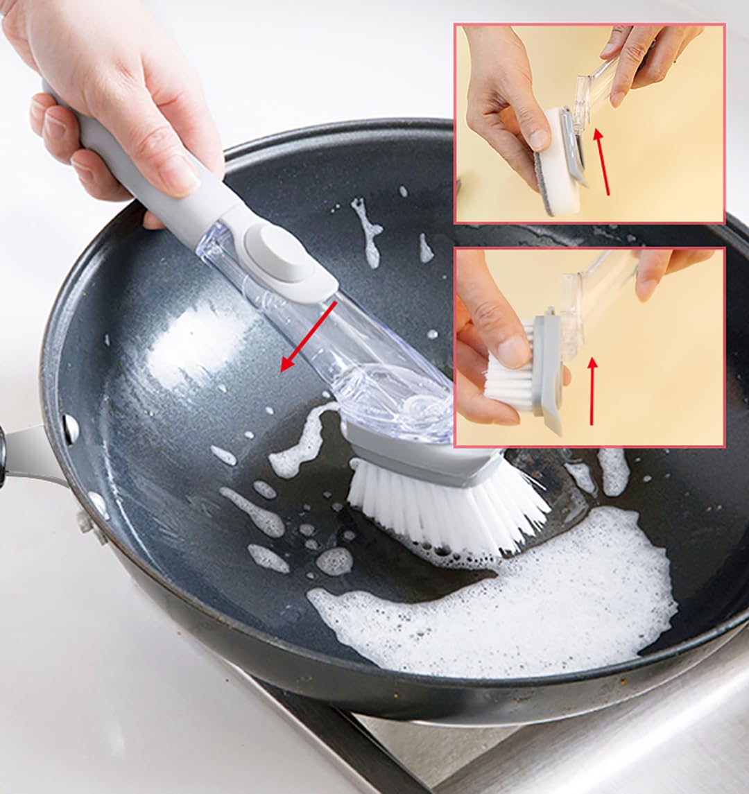 5-in-1 Soap Dispensing Dish Wand Kit | All-in-One Kitchen Cleaning Tool, Scrub Brush and Sponge Set with Soap Dispenser | Includes 2 Brushes, 2 Sponges, for Cleaning Dishes, Cookware, Utensils & Pots