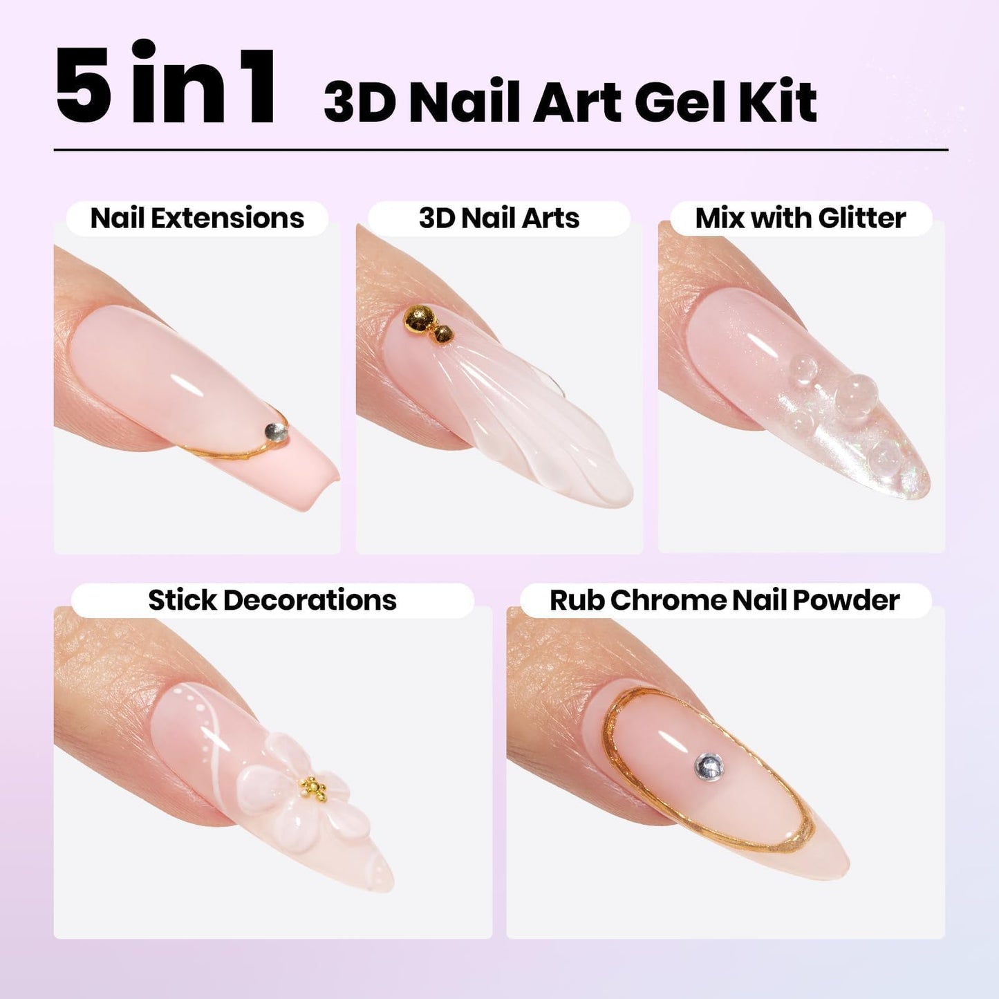 Beetles 3D Gel Nail Art Kit-1oz Clear Solid Builder Nail Gel,5 in 1 Non-Sticky Hand Sculpting Building 3D Nails for Beginner DIY Salon at Home,UV & LED Lamp Cured Needed,Crystal Orb Gifts for Women