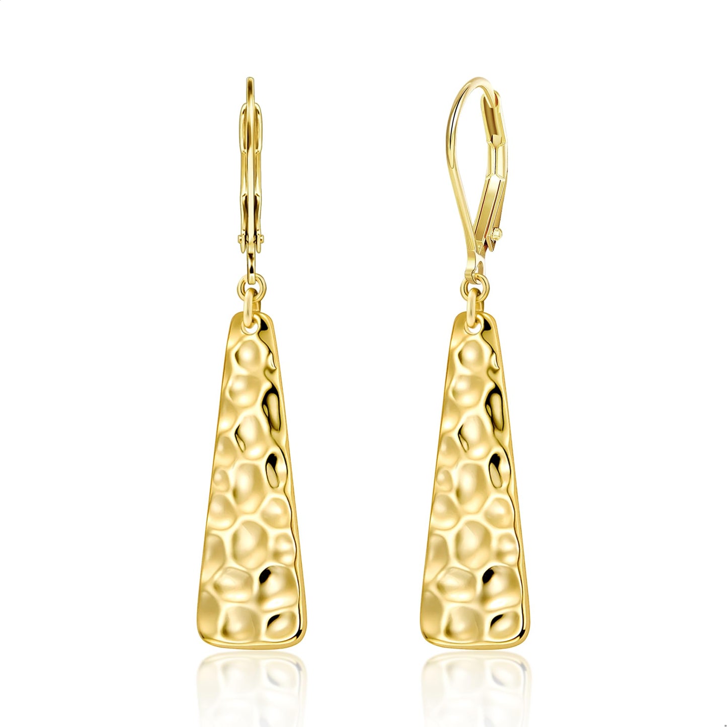 Gold Leverback Earrings, ALEXCRAFT 14K Gold Long Bar Hammered Dangle Earrings for Women Trendy Hypoallergenic 925 Sterling Silver Lightweight Statement Boho Dangling Drop Leverback Teardrop Earring
