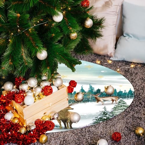 Festive Deer Tree Skirt, 48 Inch Classic Stag Holiday Tree Mat, with Metallic Ice Crystals, Rustic Seasonal Decor for Dwelling, Workspace, Patio, Seasonal Party Decor
