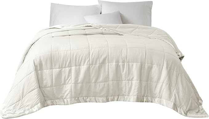 Madison Park Cambria Down Alternative Blanket, Premium 3M Scotchgard Moisture Wicking Treatment, Lightweight and Soft Bed Cover For Summer with Satin Trim, Oversized Twin Ivory