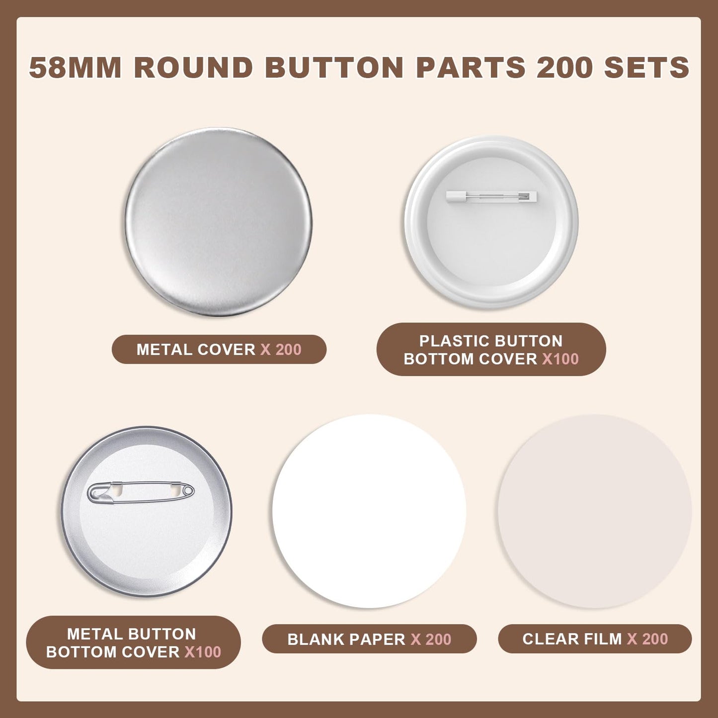 Yunziling 200 Sets 58mm/2.28 inch Button Supplies Button Parts for Buttons Maker Machine, 100 Pcs Plastic Backing Pins & 100 Pcs Iron Backing Pins, Including Metal Covers, Clear Films & Blank Papers