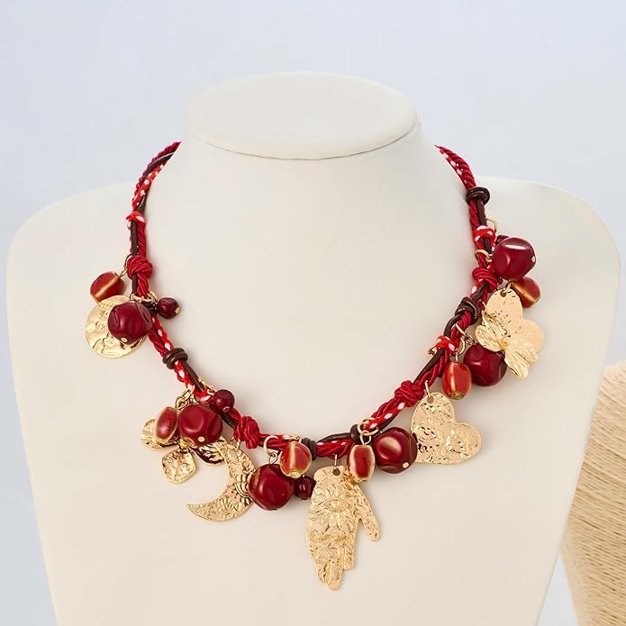 Bohemian Evil Eye Necklace for Women, Gold Plated Moon and Heart Pendant with Red Beaded Chain, Unique Charm Jewelry Gift(N9)