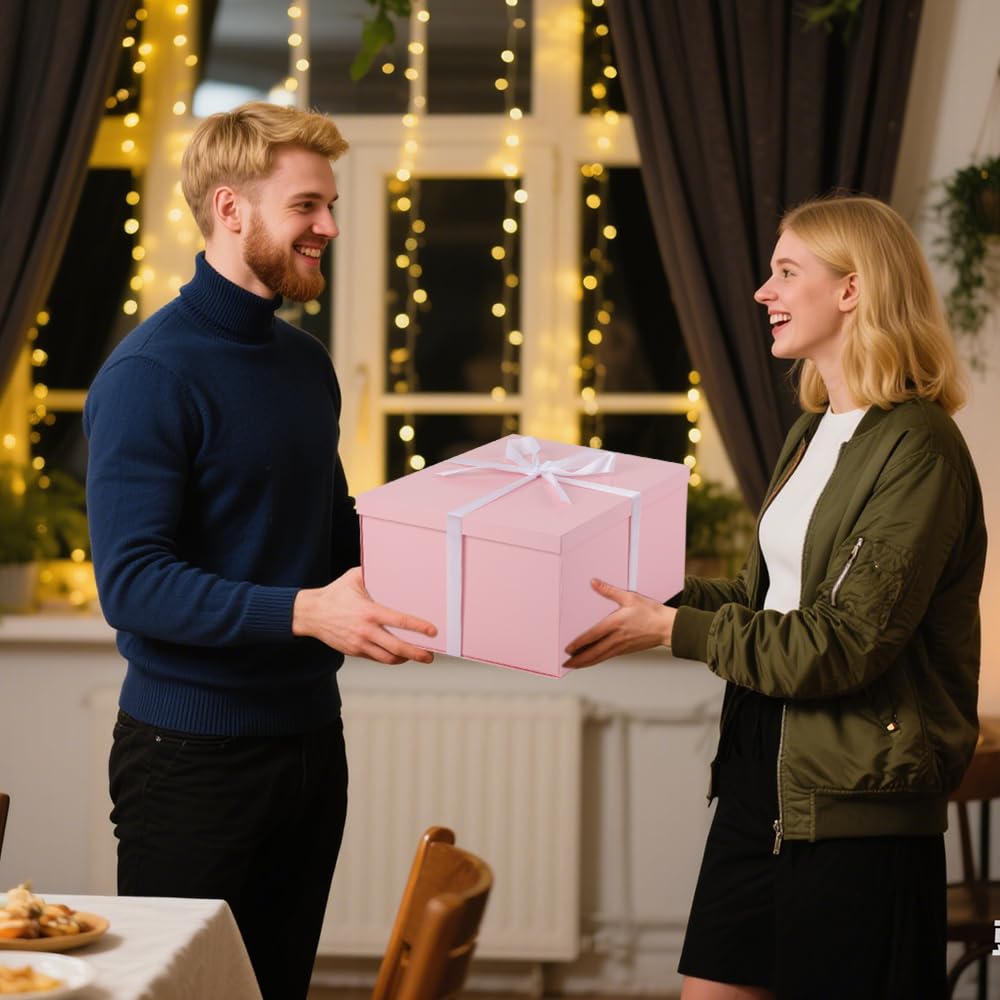 UoeRing 1Pcs Pink Extra Large gift box with lids 16.5×13×8 Inches gift boxes for presents,Birthday Box (include Ribbon, Paper Shred Filler Gift Card & Envelopes)