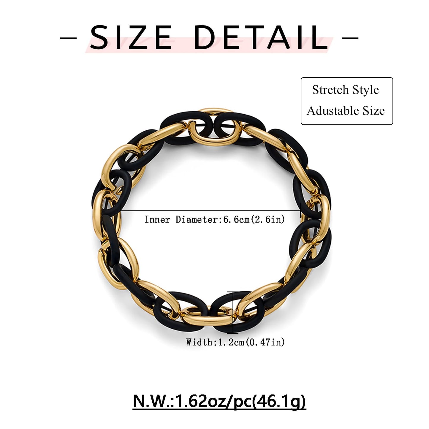 WOWORAMA Chunky Chain Bracelet for Women Men Black Gold Stretch Link Chain Bangle Bracelets Mixed Metal Thick Chunky Link Bracelet Elastic Adjustable Statement Bracelets