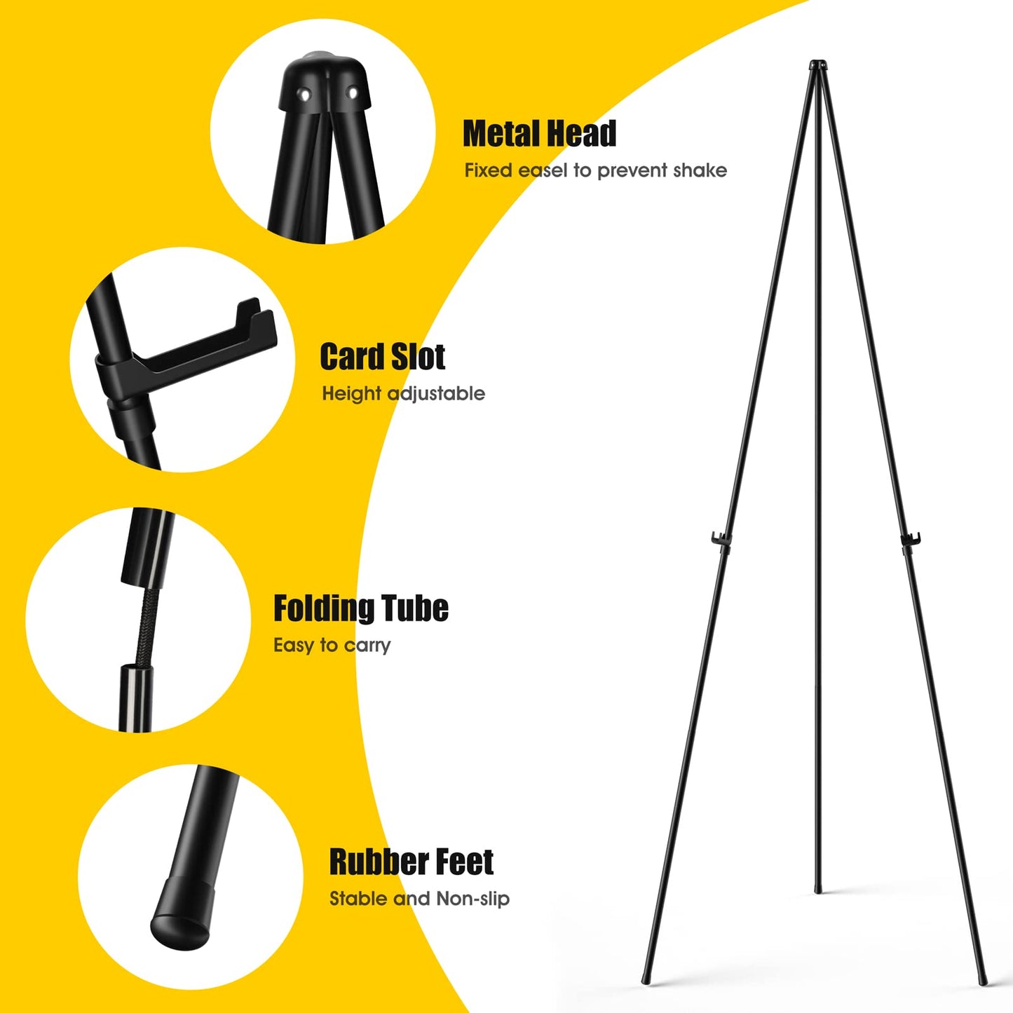 SunyesYoon Display Black Easel Stand for Wedding Sign, Artist Instant Tripod Collapsible Portable Floor Easel for Posters, 63" Adjustable Easy Folding Metal Stand for Display Show, Arts, Painting