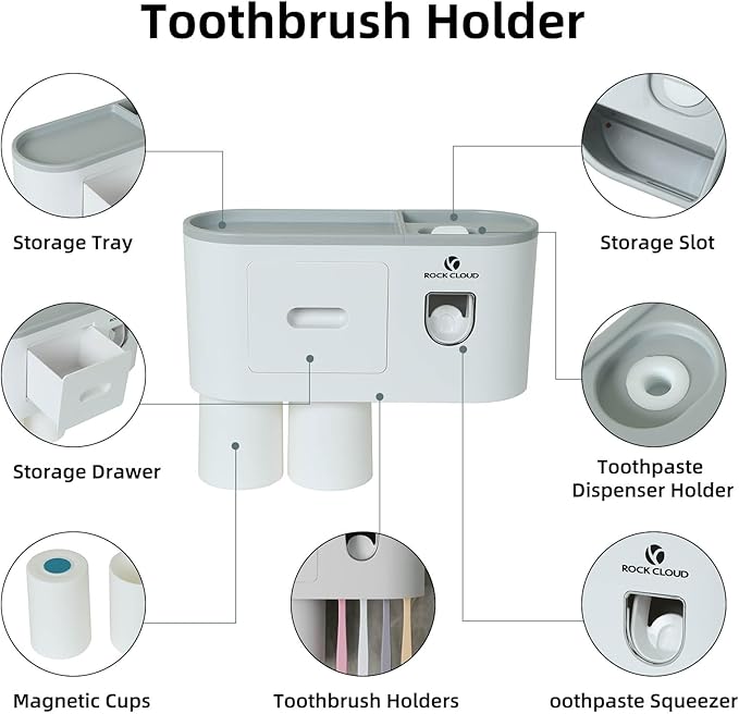ROCK CLOUD Toothbrush Holder Wall Mounted Automatic Toothpaste Dispenser Squeezer Kit Saving Space, 4 Toothbrush Slots,2 Cups and Drawers for Bathroom