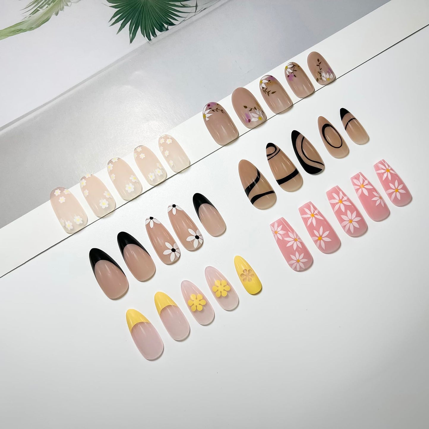 Jsiallye 6 Packs Press on Nails Medium,144Pcs French Press on Nails Almond,Ballet with Daisy,Glue on Nail in 12 Sizes - 24 Fake Nails Kit, Stick on Nails for Women