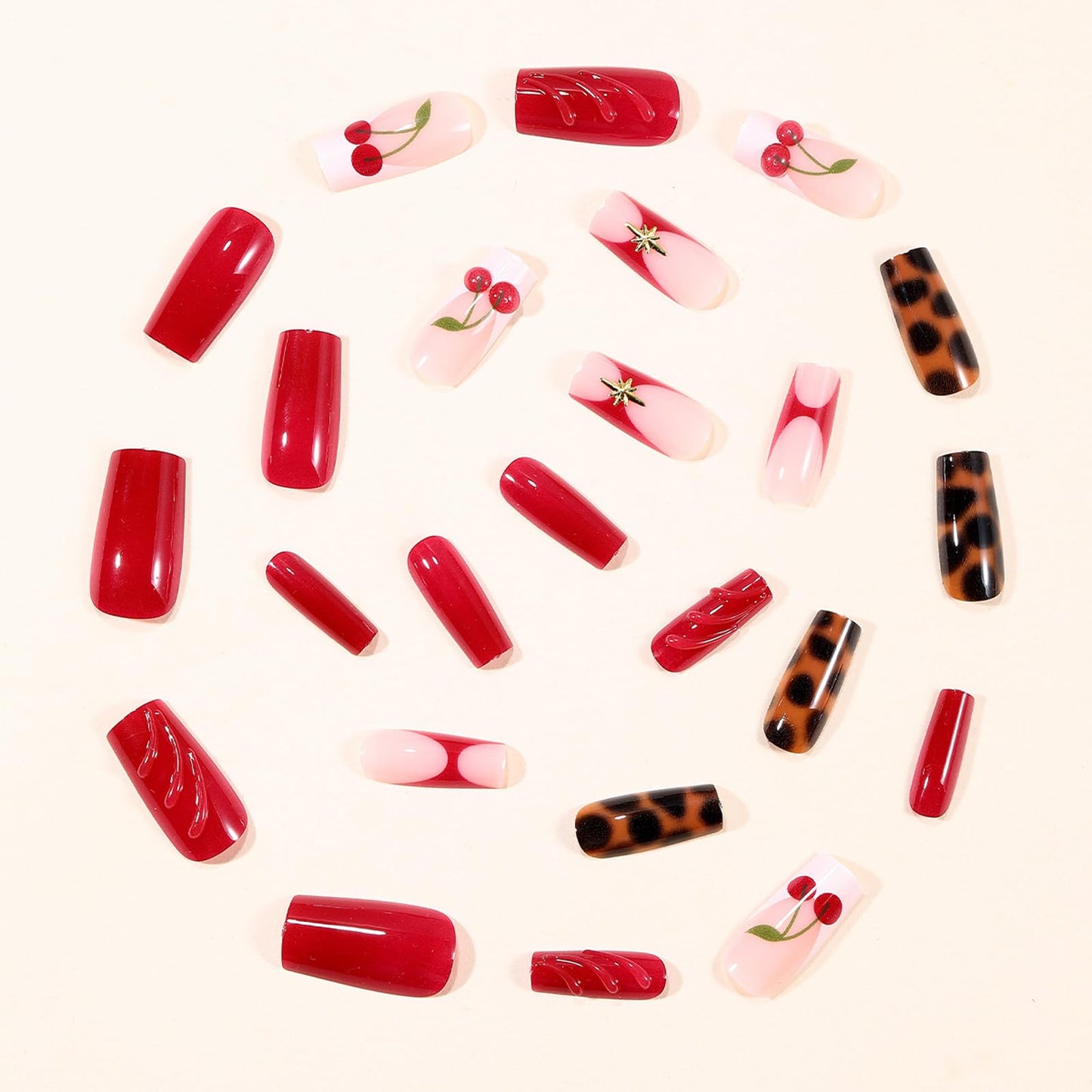 IMRAIN Press on Nails Long Square Fake Nails with 3D Cherry, Leopard Print Designs Glue on Nails Brown Red Acrylic False Nails for Women