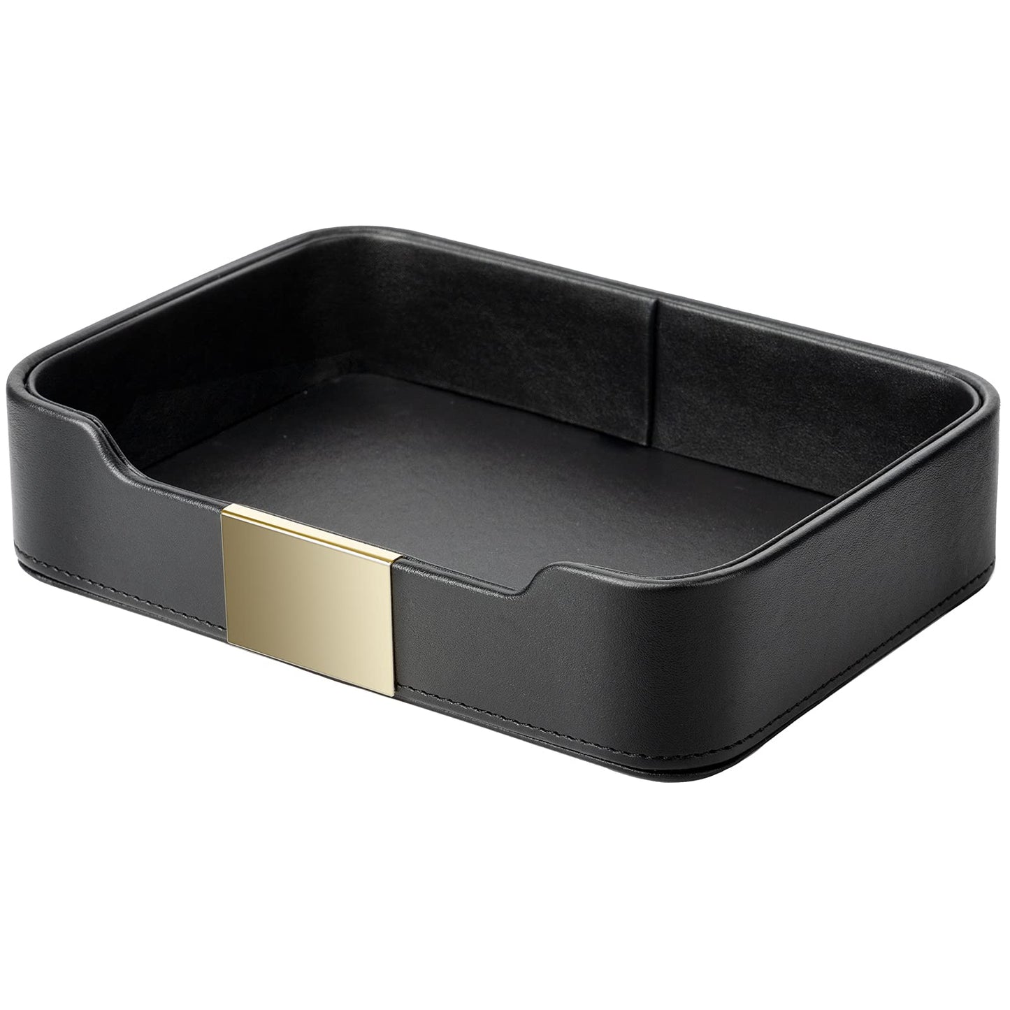 SANZIE Luxury Leather Tray Desktop Storage Catchall Organizer Decorative Tray for Entryway Table to Hold Jewelry Watch Keys Phone Wallet (Metal Gilded, Black)