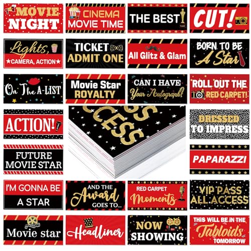 Beeveer 24 Designs Movie Party Photo Booth Props Double Sided 11.02 x 5.51'' Photo Booth Props Movie Party Decorations DIY Water Proof Selfie Signs PVC Printing for Red Carpet Night Parties Supplies - color: Black Red, style: Movie