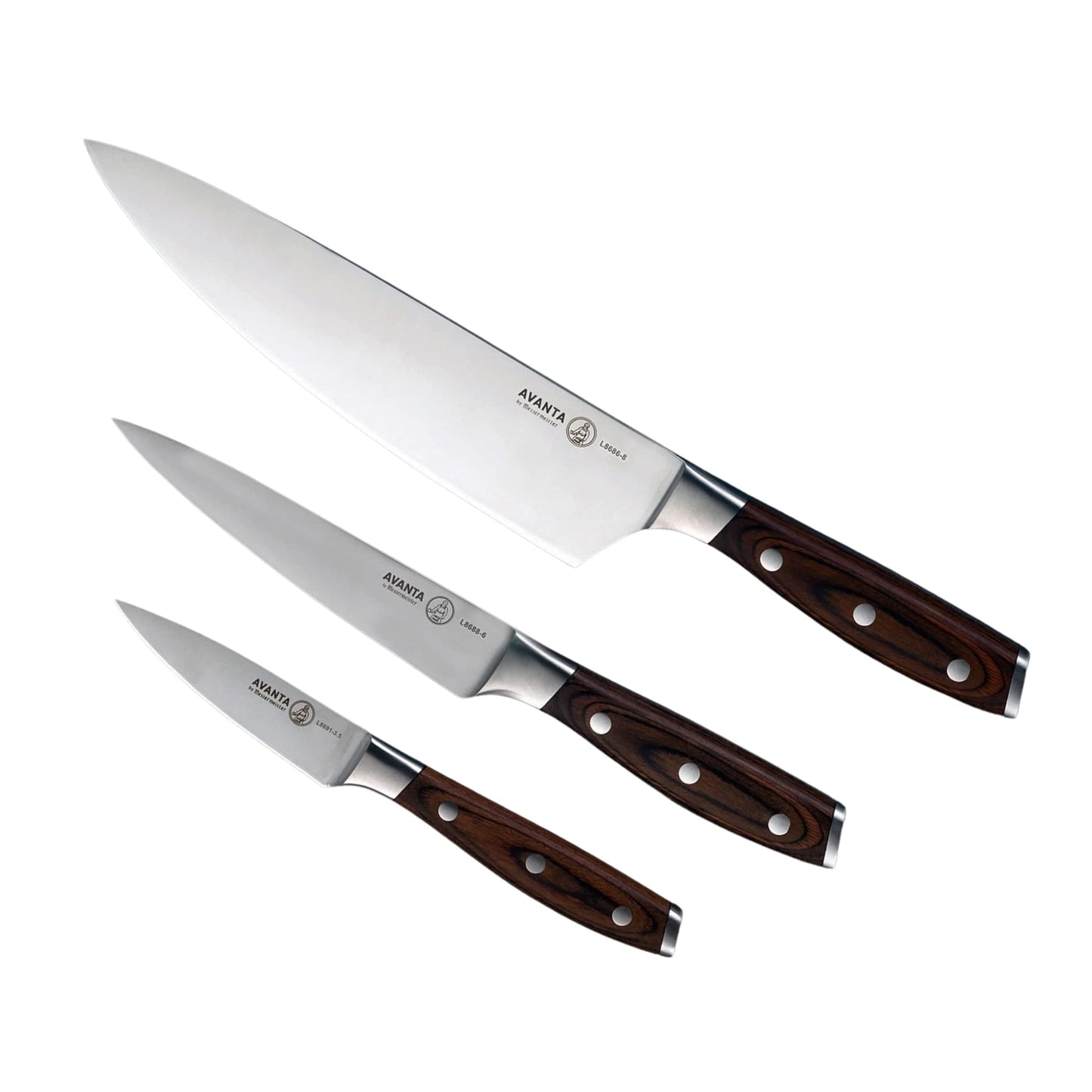 Messermeister Avanta Forged 3-Piece Pakkawood Starter Set - German X50 Stainless Steel - Includes 8” Chef’s Knife, 6” Utility Knife & 3” Paring Knife
