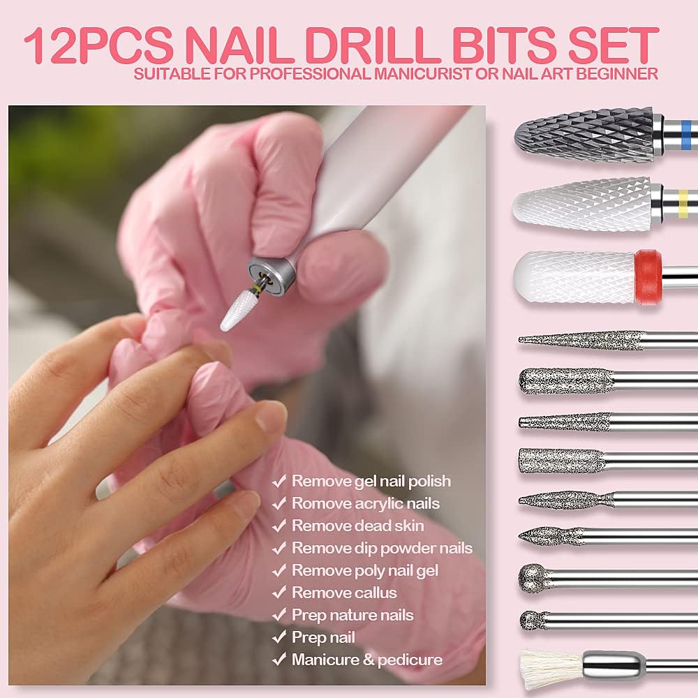 TsMADDTs Cordless Electric Nail Drill, Portable E File for Acrylic with 12 Nail Drill Bits, Pink