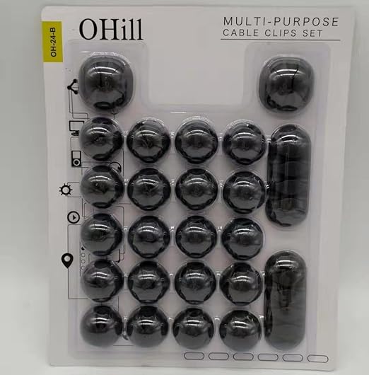 OHill Desk Cable Management Cord Organizer, 24 Pack Black Self Adhesive Cord Holder Cable Clips, Ideal Cable Organizer Wire Keeper for Desk, Nightstand, Phone Charger, Computer, Home, Office, Car