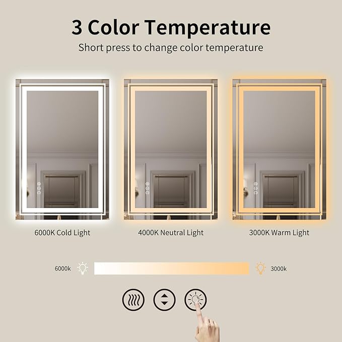 WTTY LED Bathroom Mirror 28"x36" with Backlit and Front Light,Stepless Dimmable LED Mirror for Bathroom,Anti-Fog Lighted Bathroom Vanity Mirror Modern,Memory Function,Shatter-Proof