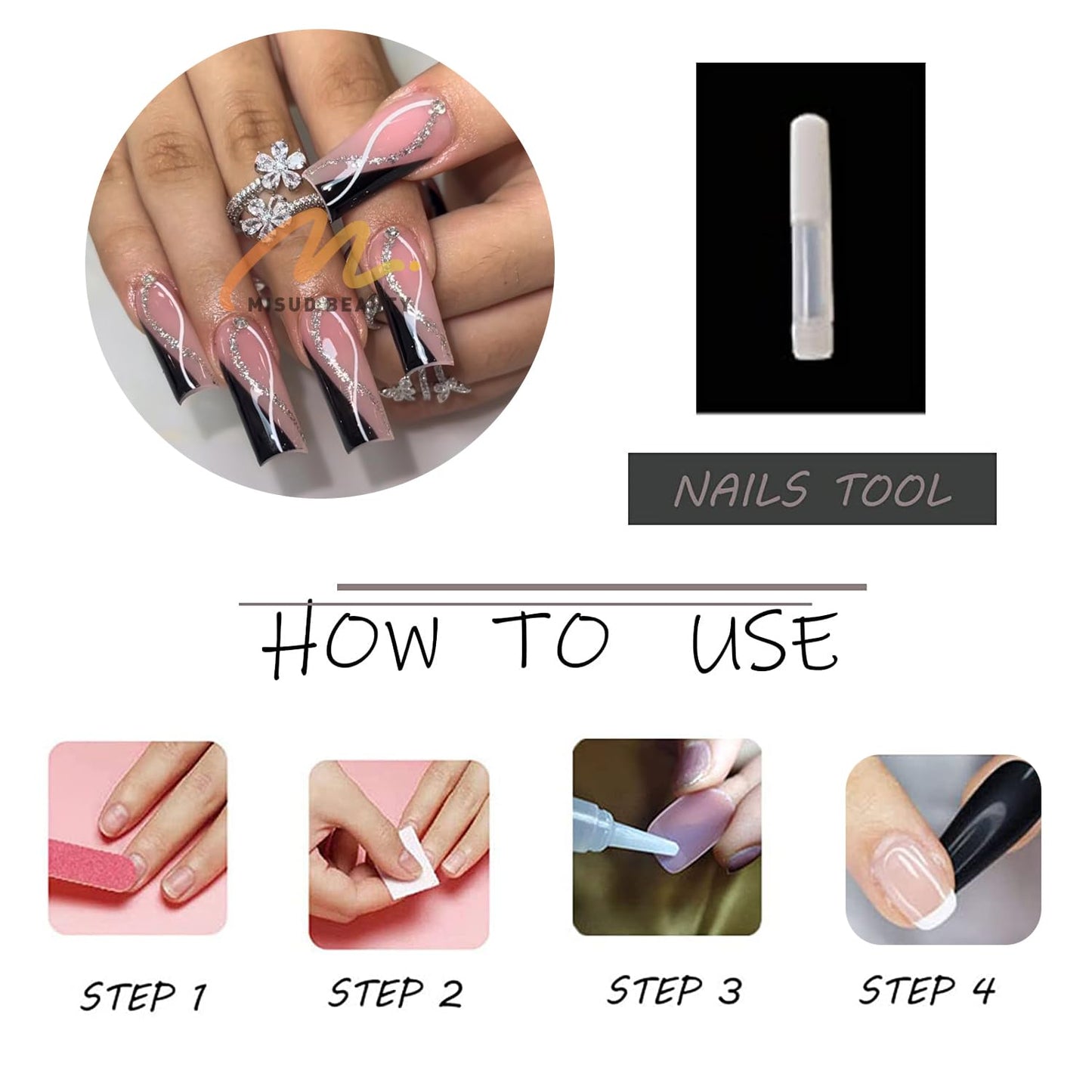 MISUD Press on Nails - Long Square Fake Nails with Black French Tip, Acrylic Bling Glitter Rhinestone Design 24 pcs