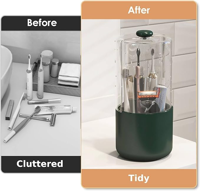 Toothbrush Holder with Cover 360 Rotating 4 Compartments Bathroom Toothpaste Electric Toothbrush Organizer, Dark Green