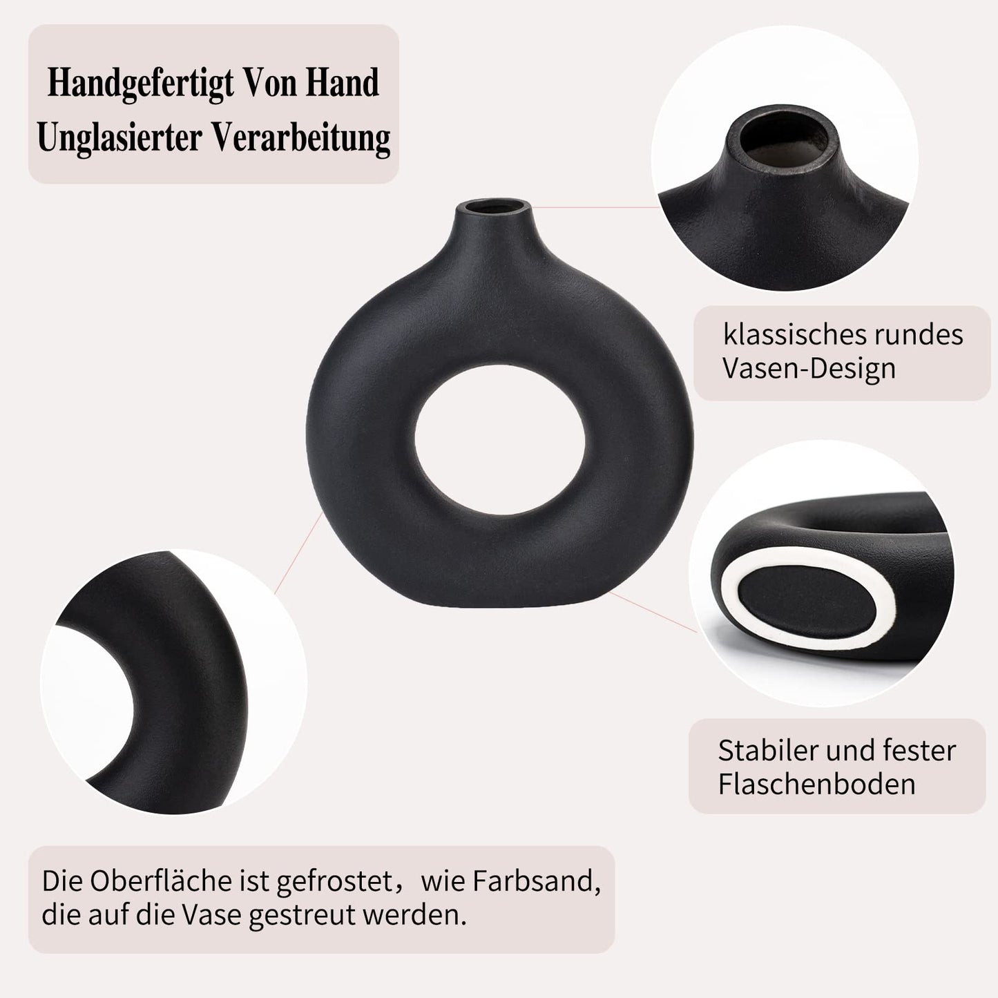 CEMABT Black Donut Vase Hollow Ceramic Vase for Flowers Handmade Minimalist Boho ins Style Modern Home Decor for Wedding Dinner Table Party Living Room Office Bedroom（M