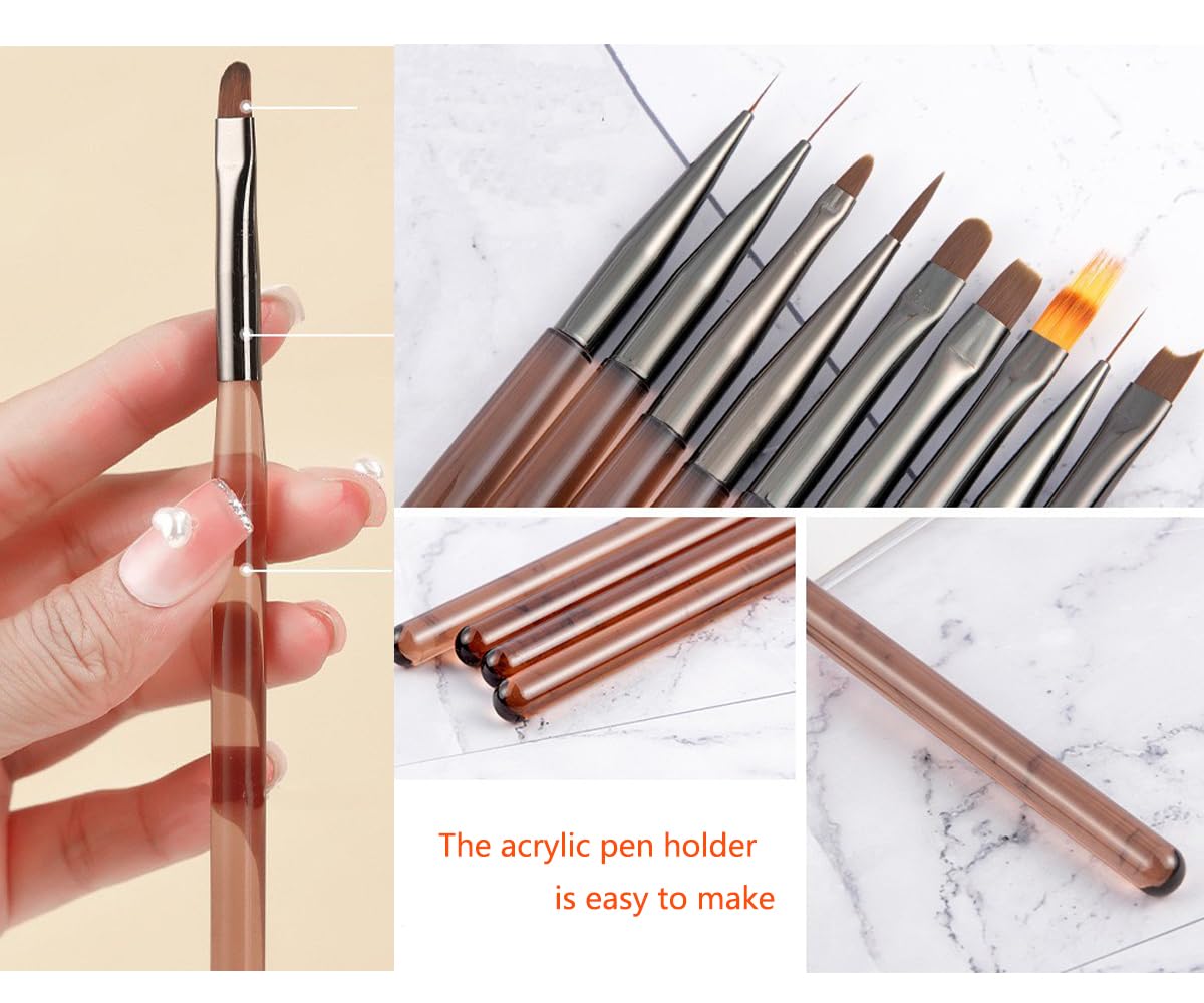 MIKOWEN 9PCS Nail Art Brushes Nail Art Tool Set Striping for Long Lines Nail Drawing Pen For Nail Design Brushes for Gel Polish Clean Up Brushes 3D Nail Art Decorations for DIY Manicure, Brown