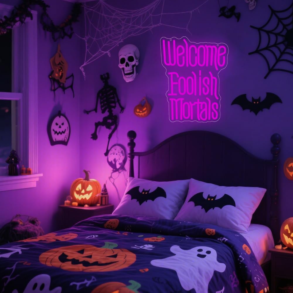 RuCvixkt Welcome Foolish Mortals Neon Sign for Wall Decor, Coffin LED Halloween Neon Signs Spooky Gothic Haunted Mansion Decor, USB Powered Led Neon Light for Man Cave, Party,Haunted House