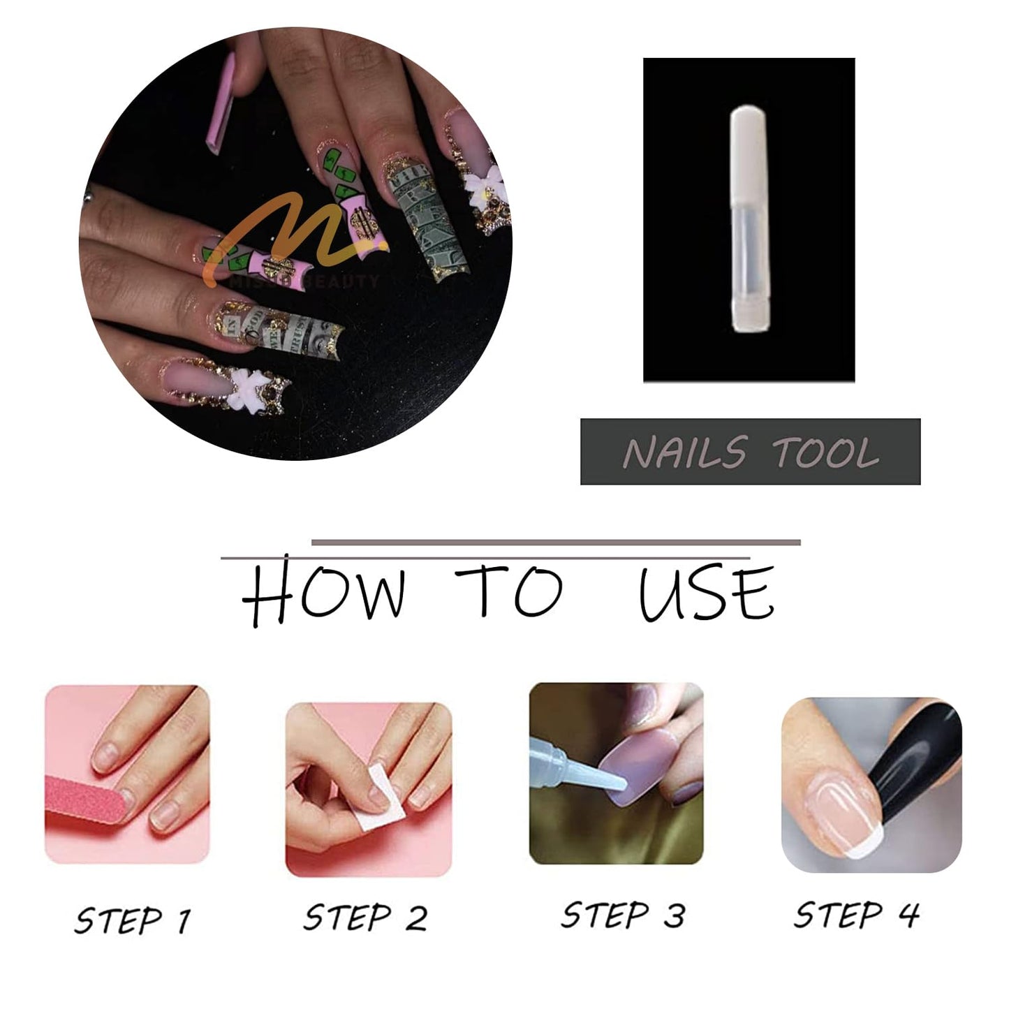 MISUD Press on Nails - Extra Long Square Glue on Nails with French Tip, Acrylic Dollar Money Design 24 pcs