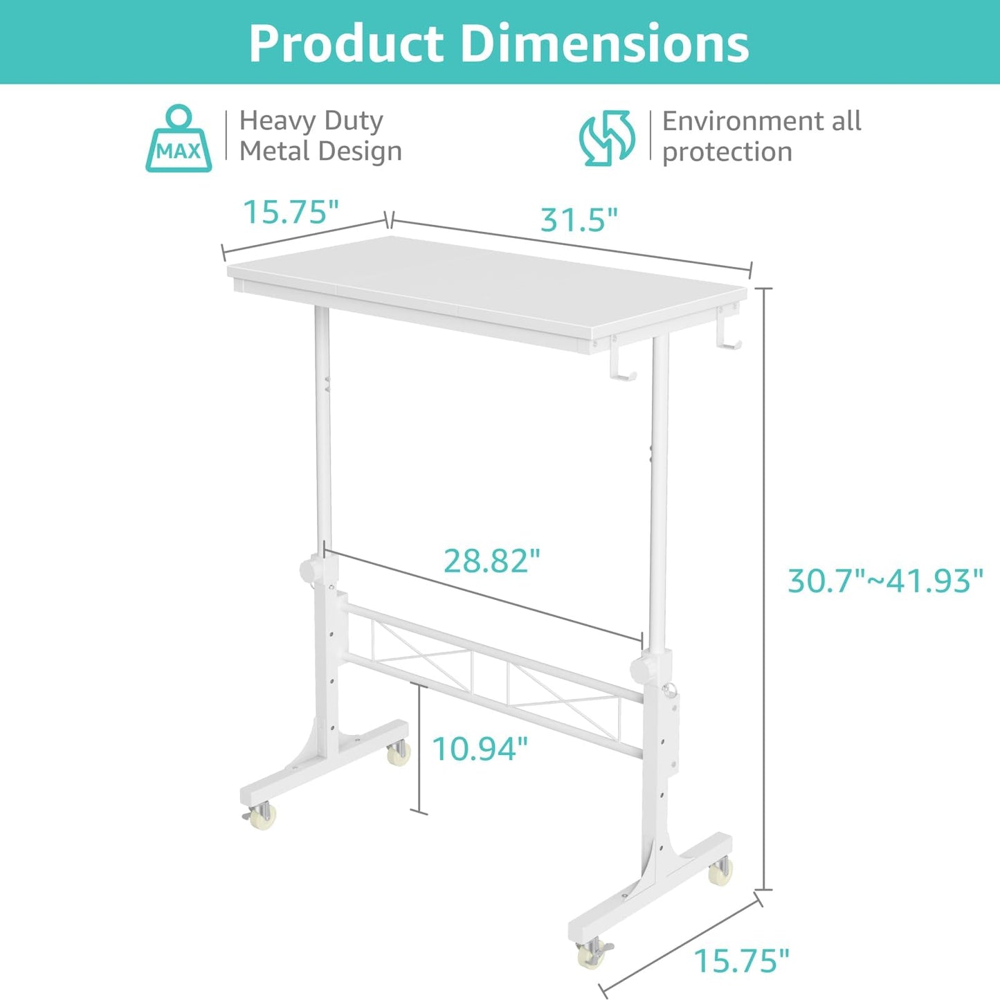 WINAZ Small Portable Treadmill Walking Pad Desk on Wheels, 32 Inch White Adjustable Height Mobile Rolling Standing Teacher Desks, Couch Sofa Side Laptop Stand Up Table for Bedroom, White