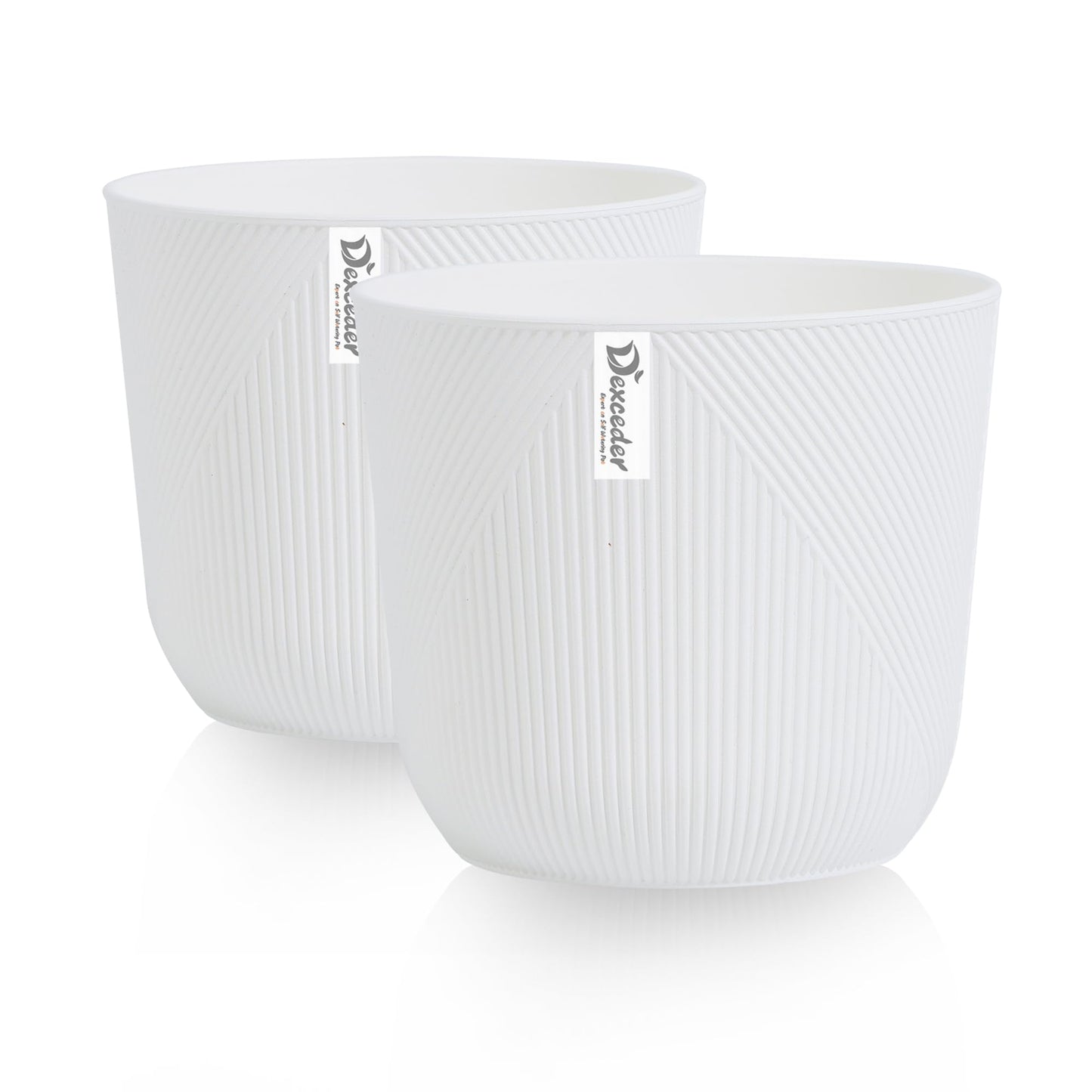 Dexceder 10x9 Striped Table Flower Plant Pot with Drainage Hole & Removable Plug (2 Pack, White)
