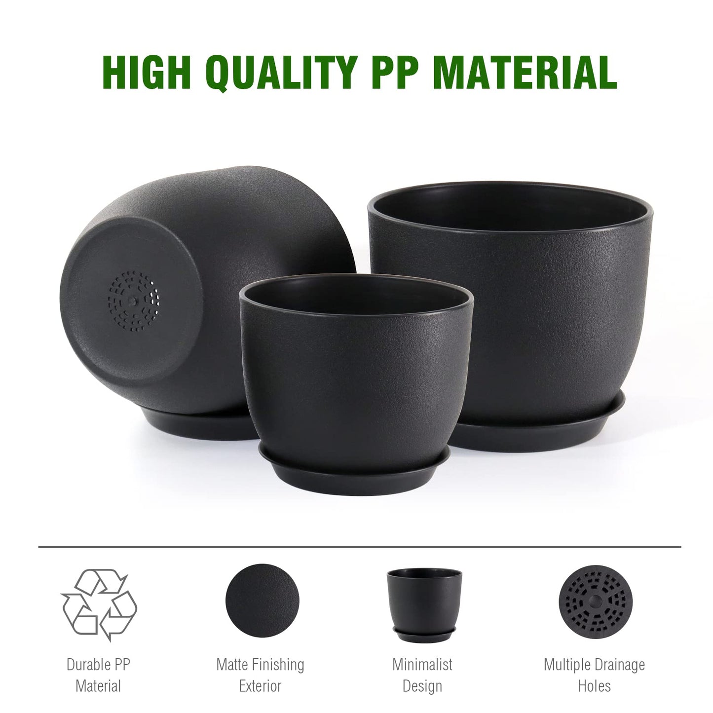 WSMKSZ 10/9/8 inch Medium Plant Pots, 3 Pack Modern Decorative Plastic Planters with Drainage Holes and Saucers, Flower Pots for Indoor Outdoor Plants, Black