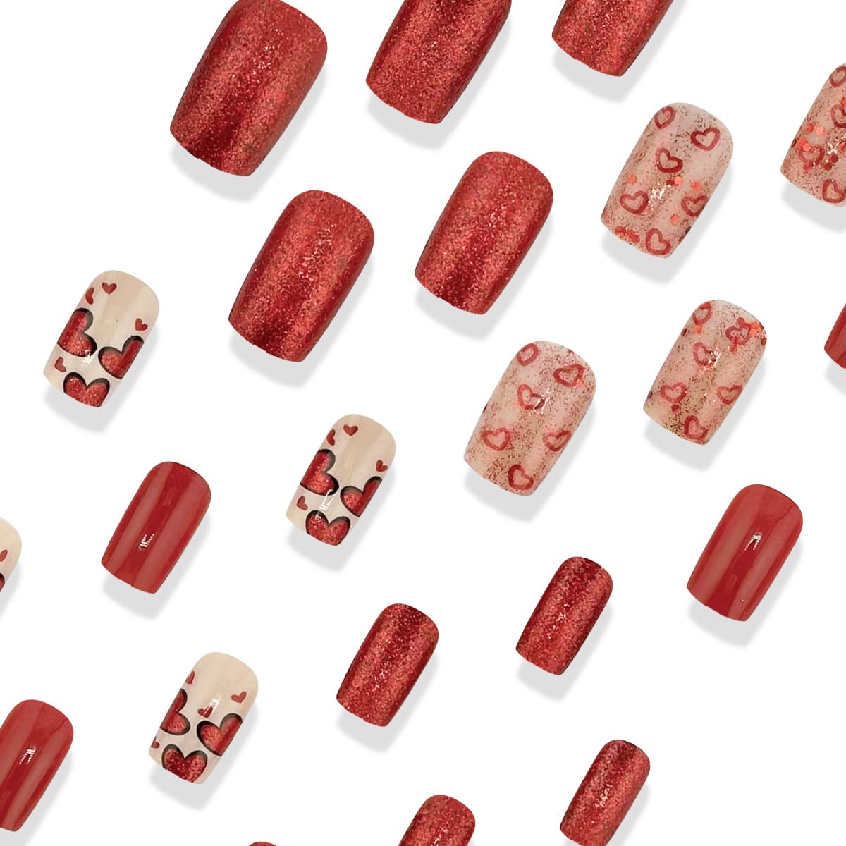 Valentine's Square Press on Nails Medium Hollow Heart Fake Nails Red Heart Glitter Design Glue on Nails Heart Acrylic Nails Full Cover Artificial Stick on Nails Valentine False Nails for Women
