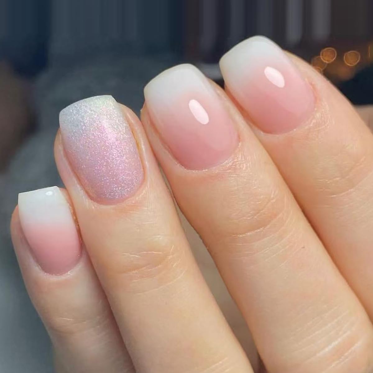 Ombre Press on Nails Short Square Fake Nails with Glitter Design - Reusable False Nails Press ons Acrylic Artificial Nails Glossy Full Cover Stick on Nails for Women Manicure 24 Pcs
