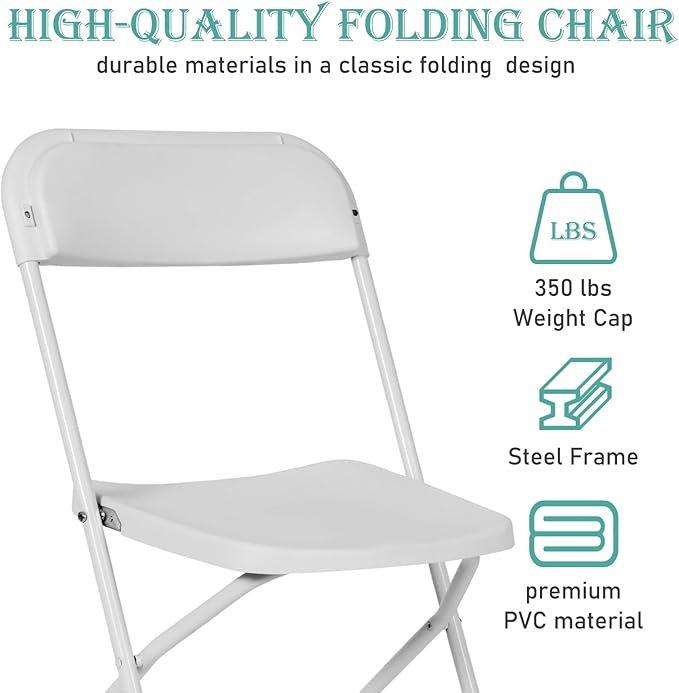 50 Pack White Plastic Folding Chairs, Portable Stackable Commercial Party Folding Chairs with Steel Frame 350lbs for Home Office Outdoor Indoor Office Wedding Party Events