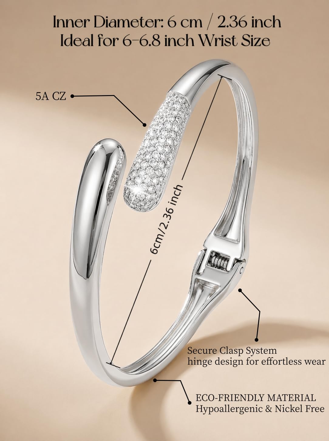 mulanci Silver Cuff Bracelet for Women, CZ Pave Hinged Bangle Bracelet, Stackable Chunky Silver Bangle Bracelet Jewelry