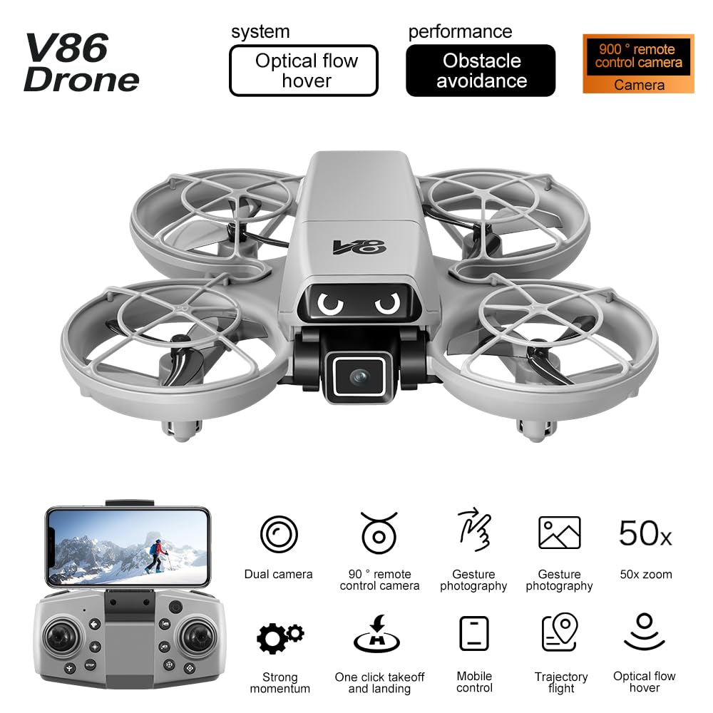 Mini Remote-Control Drone With Camera, A Quadcopter Featuring a Full-Guard Propeller Design to Reduce Collision Risks, With Cool LED “Eye” Lights and Flashing Tail Lights. Obstacle Avoidance, Optical Flow Positioning, 90° Adjustable Camera, Altitude Hold,