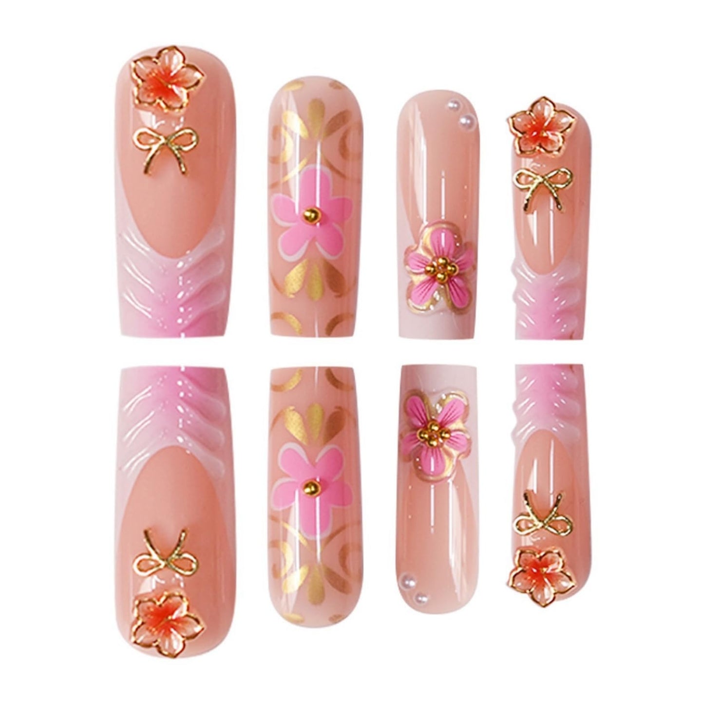 Square Press on Nails Long Fake Nails French Tip False Nails Pink Artificial Nails with Floral and Gold Charm Designs Cute Summer Nails Stick on Nails for Women 24pcs