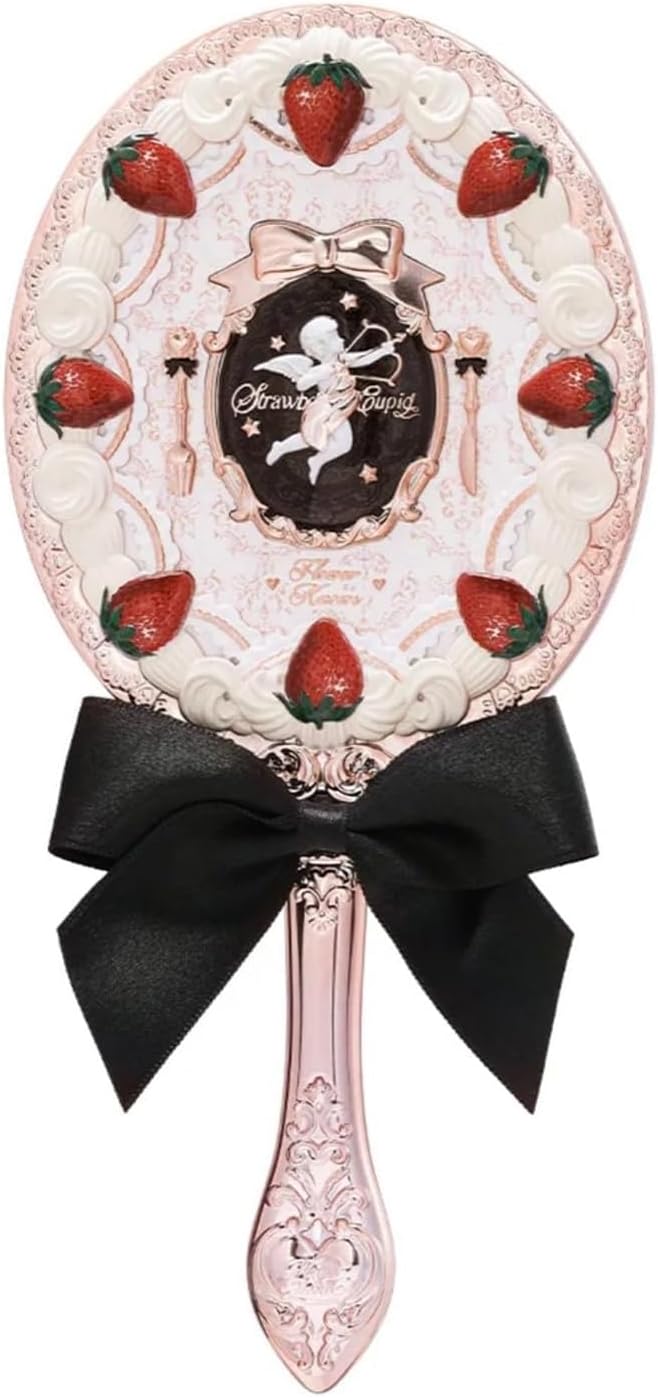 Flower Knows Strawberry Cupid Hand Mirror,Vintage Handheld Mirror,Fancy & Pretty Princess Mirror with Long Handle,Gift for Girls & Women(Milky Shake)