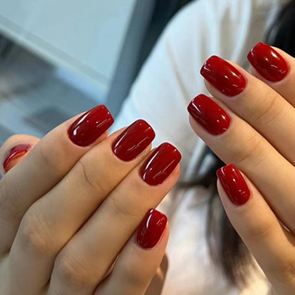 WAFOLOZE Short Square Press On Nails - Red Press On Nails Short Fake Nails with Nail Glue, Artificial Nails 16 Sizes - 32Pcs Reusable Soft Gel False Nails Tips Kit,Stick On Nails for Women