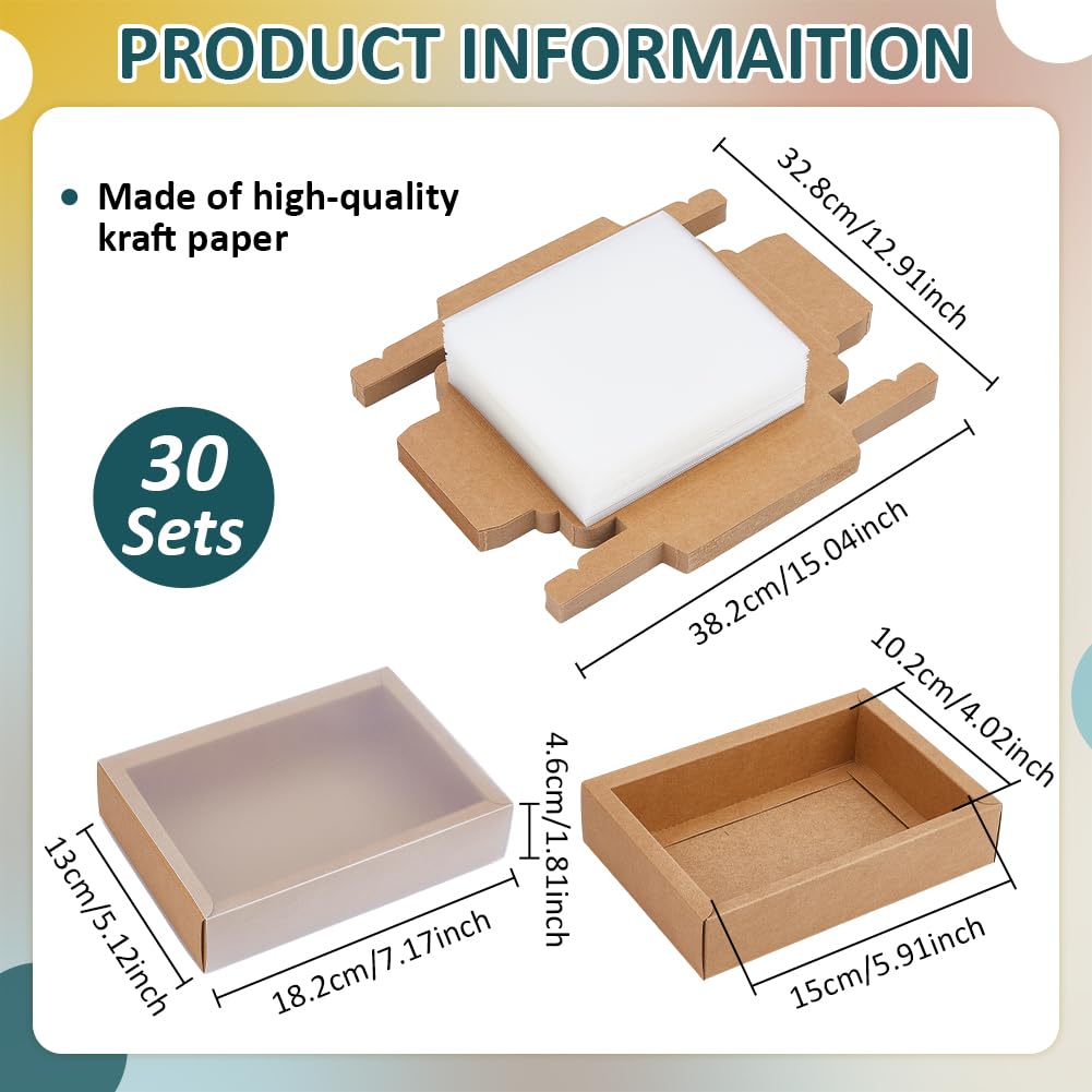 BENECREAT 30 Set Brown Kraft Drawer Gift Box, Paper Storage Organizers with Translucent Plastic Sliding Lid for Wedding Favors, DIY Crafts, Small Item Display, 7.17x5.12x1.8inch