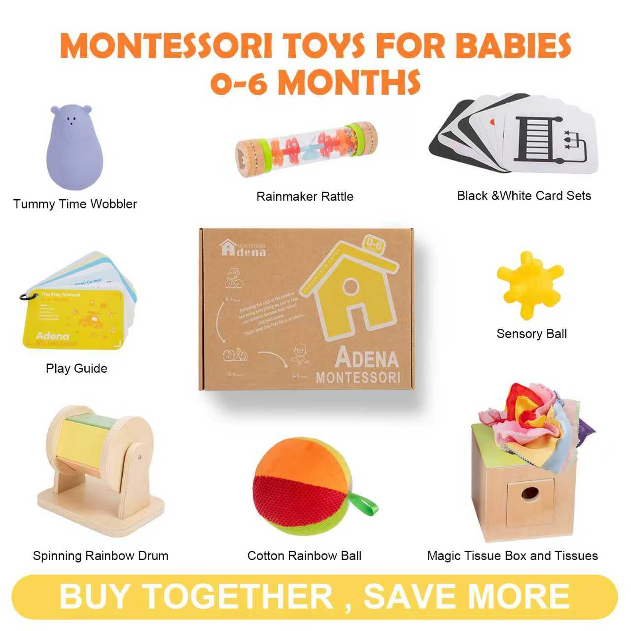 Adena Montessori Play Kit for 0-6 Month Baby,8 in 1 Learning Kit Includ Black&White Card,Rainmake Rattle,Sensory Ball,Tummy Time Wobbler,Tissue Box,Tissue,Rainbow Ball,Rainbow Drum
