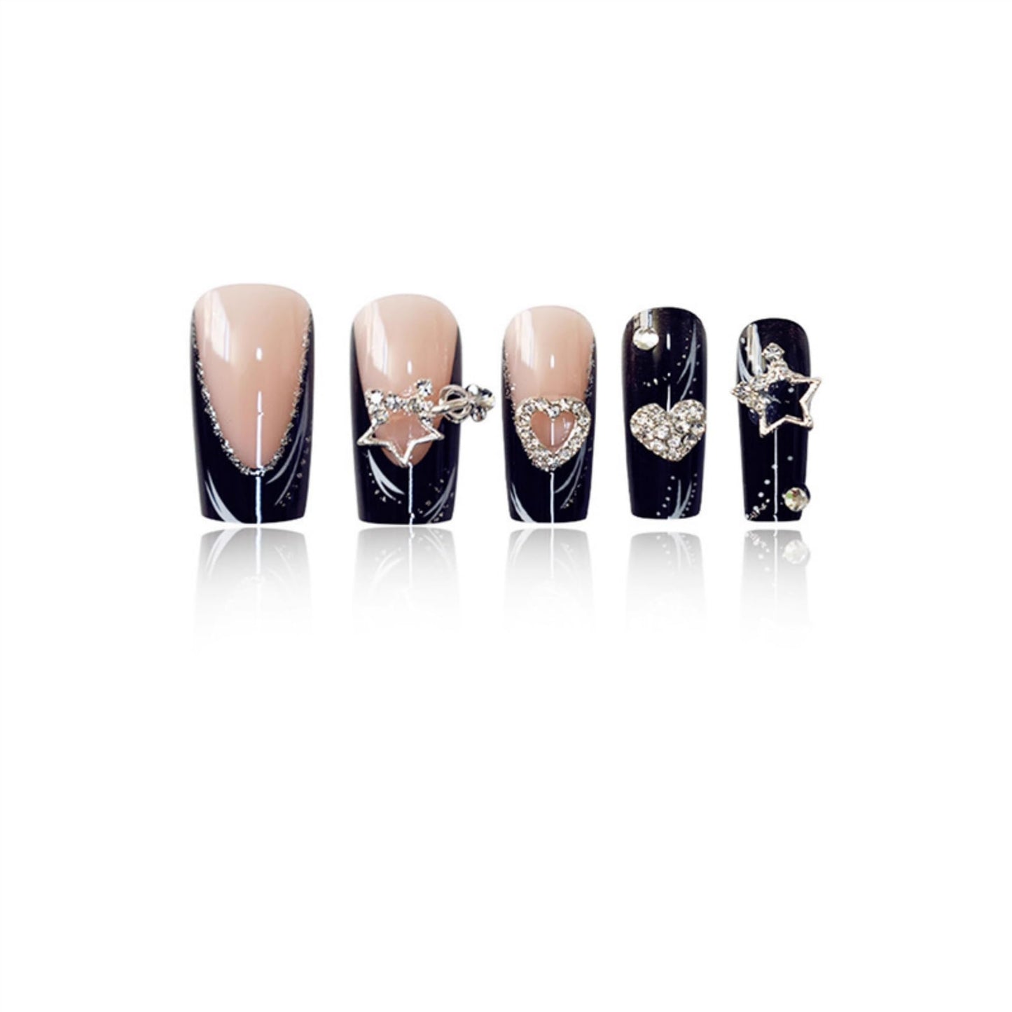 Long Press on Nails Square Fake Nails Black Artificial Nail French Stars and Heart Designs Stick on Nail for Women 24pcs