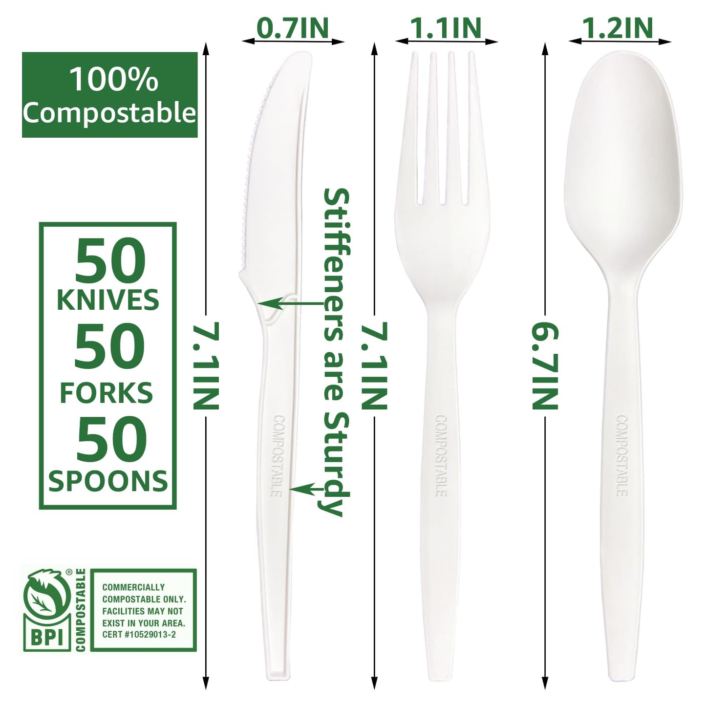 MISISIPI 150-Count Compostable Utensils Set - Heavy Duty BPI Certified, Plastic-Free Disposable Forks, Spoons, Knives for BBQ, Camping, Events, Plant-Based Cutlery
