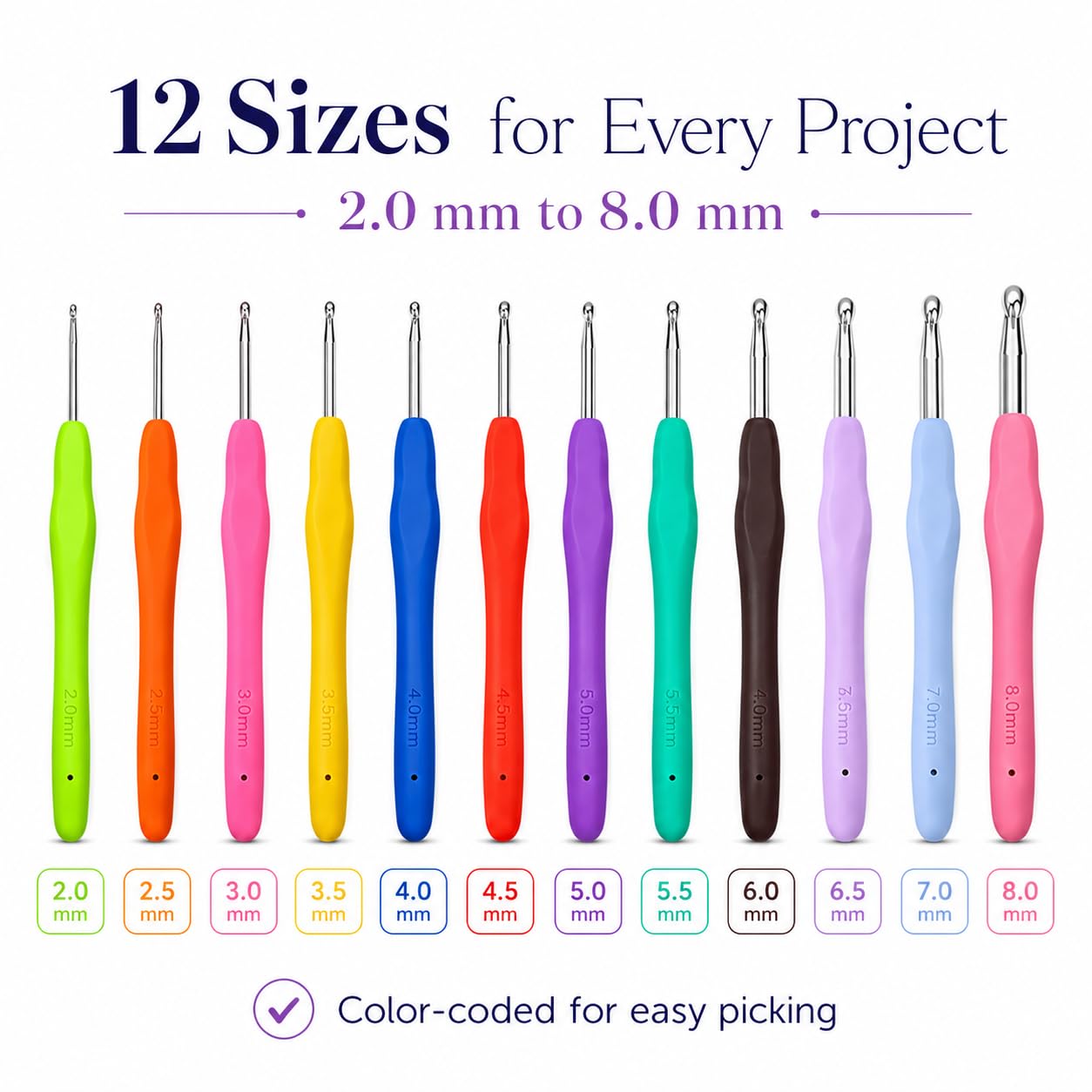 Crochet Hooks 12 Sizes Crochet Hook Set, 50 Pack Yarn Crochet Kit for Beginners, Knitting Needles with Ergonomic Handles for Arthritic Hands, Crochet Needle Kit with Blue Case for Crocheters