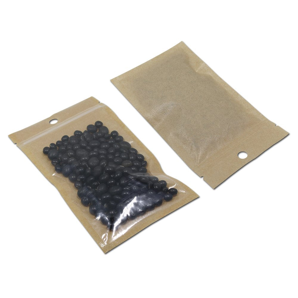 FERENLI 100Pcs Clear Brown Kraft Paper Plastic for Zip Reclosable Bag Lock Flat Heat Sealable Smell Proof Packaging Bags Zipper Lock Coffee Plastic Bags 12x20cm (4.7x7.8 inch)